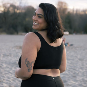 Mineral Sporty Bralette TENCEL™ in black 2XL model back | Huha Undies | The Lake