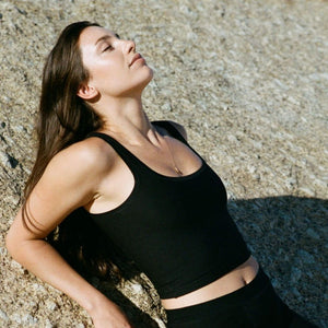 Mineral Sporty Crop Tank TENCEL™ in black Medium Model Front | Huha Undies | The Lake
