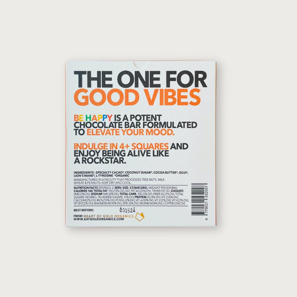 Be Happy Chocolate with goji berries, lion‘s mane, tyrosine | Eat Gold Organics | The Lake