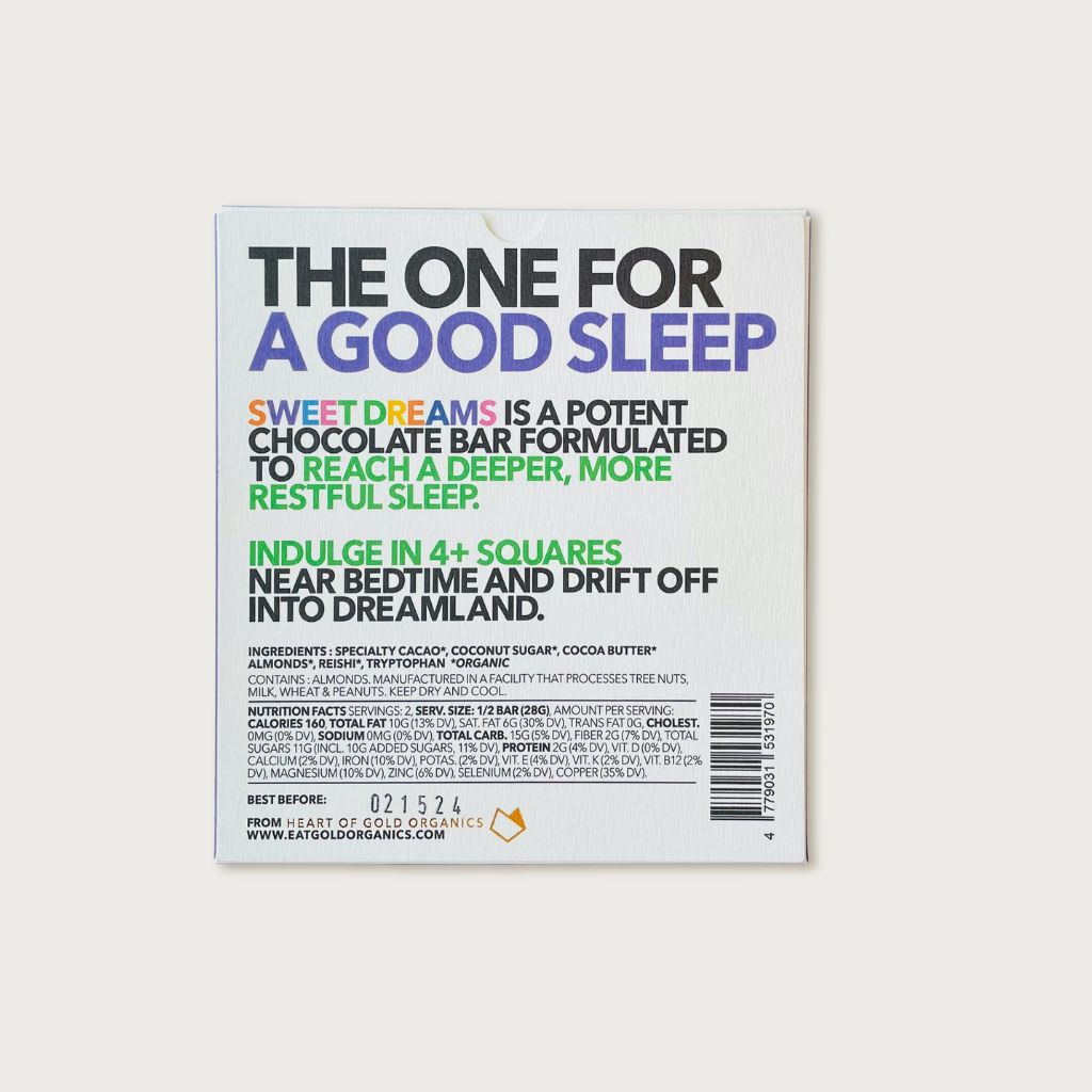 Sweet Dreams Chocolate reishi mushrooms, tryptophan | Eat Gold Organics | The Lake