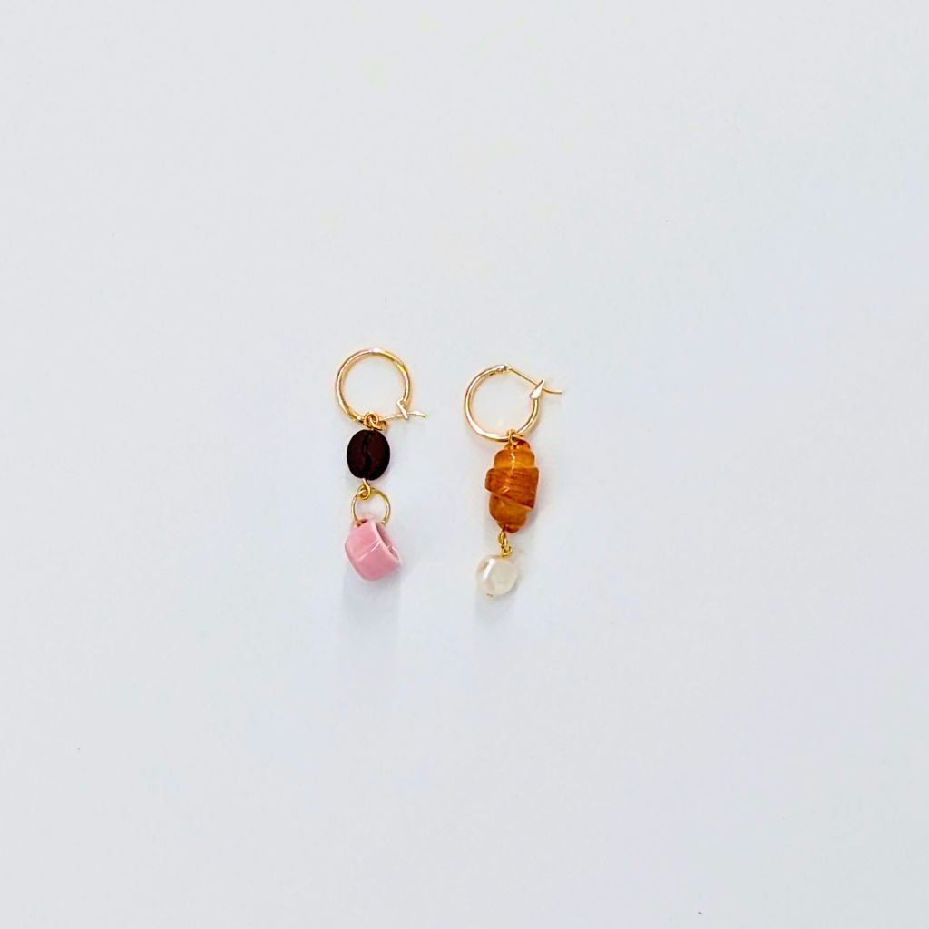 Pink Espresso Cup and Croissant with Peal Hoop Earrings | The Lake