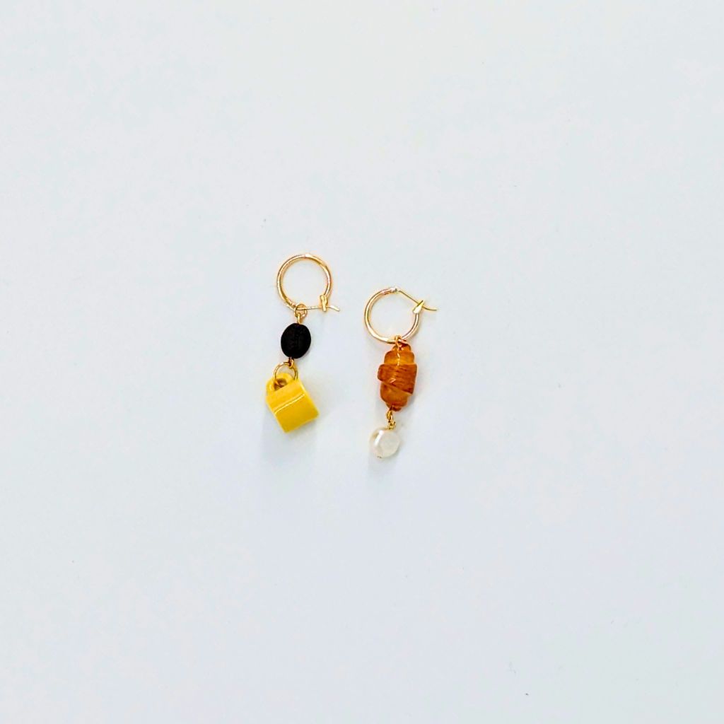 Yellow Espresso Cup and Croissant with Peal Hoop Earrings